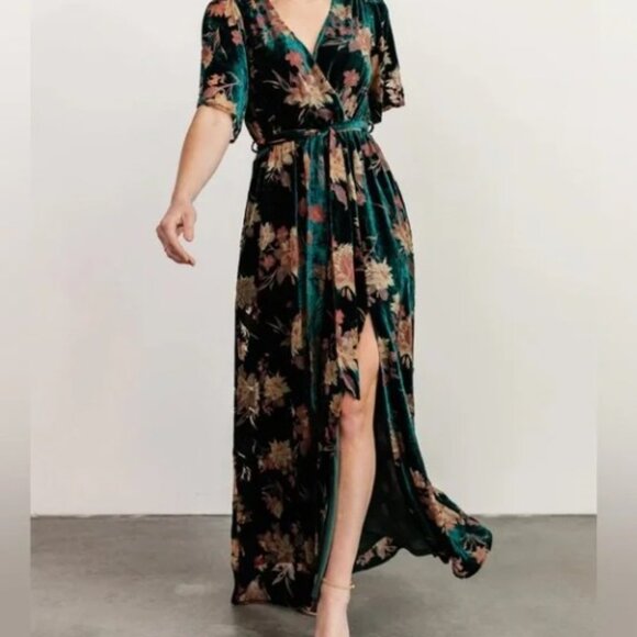 Baltic Born Green and Pink Velvet Floral Long Maxi Dress size Medium - Picture 1 of 14